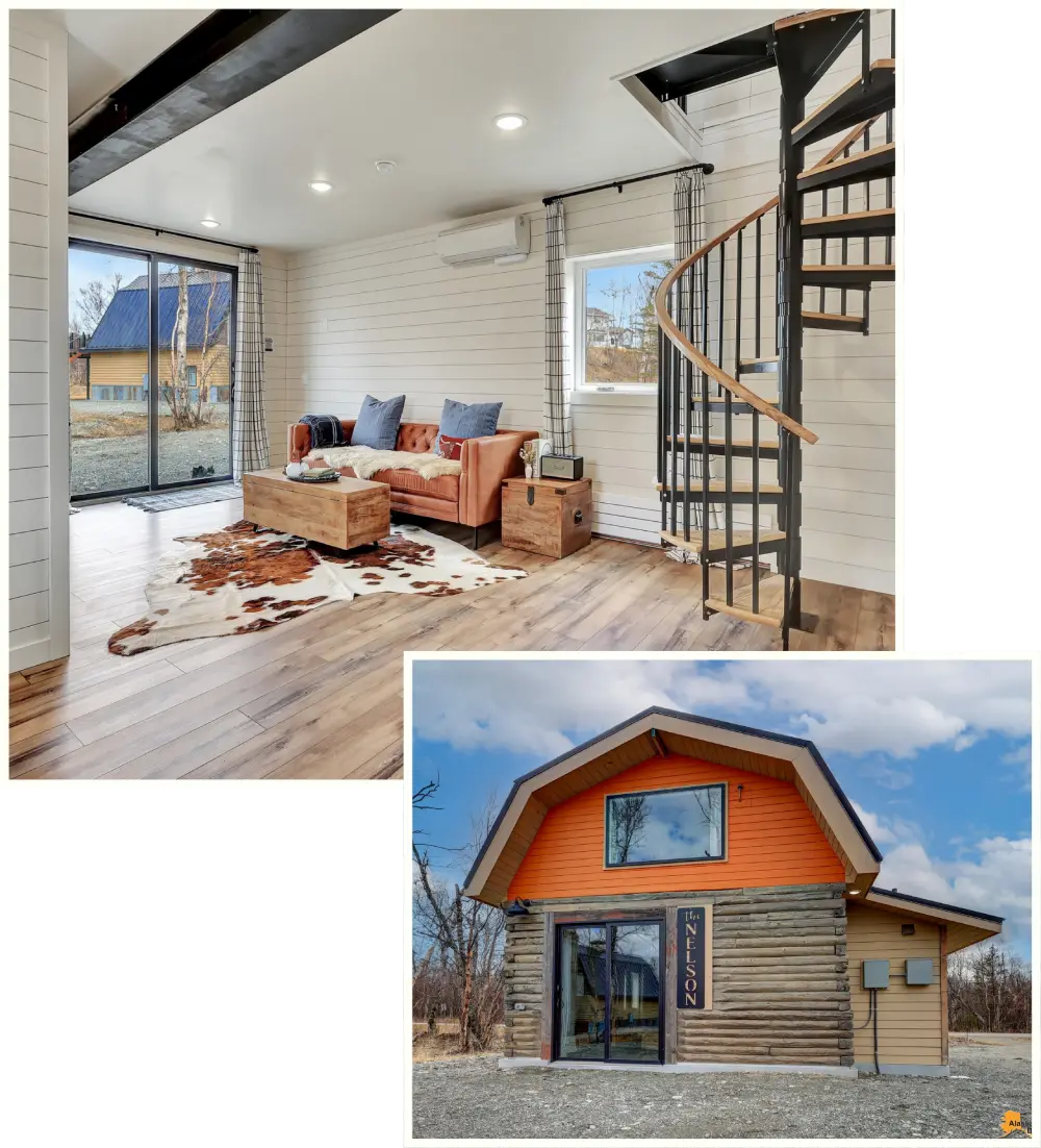 Bright interior living space with wood floors, spiral staircase, and small seating area, plus inset exterior view of a barn-style building. Borealis Bison Barns | Palmer, AK