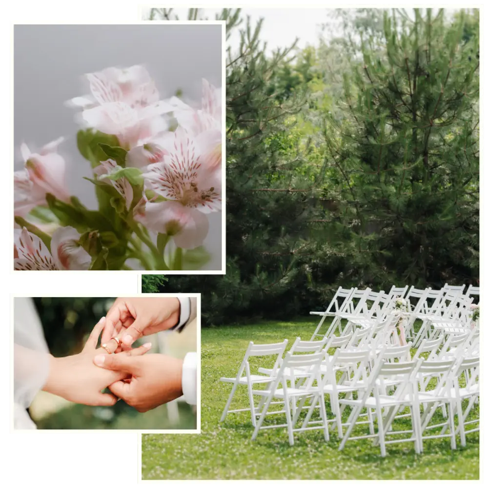 Outdoor wedding ceremony setup at Borealis Bison Barns in Palmer Alaska with white chairs and trees