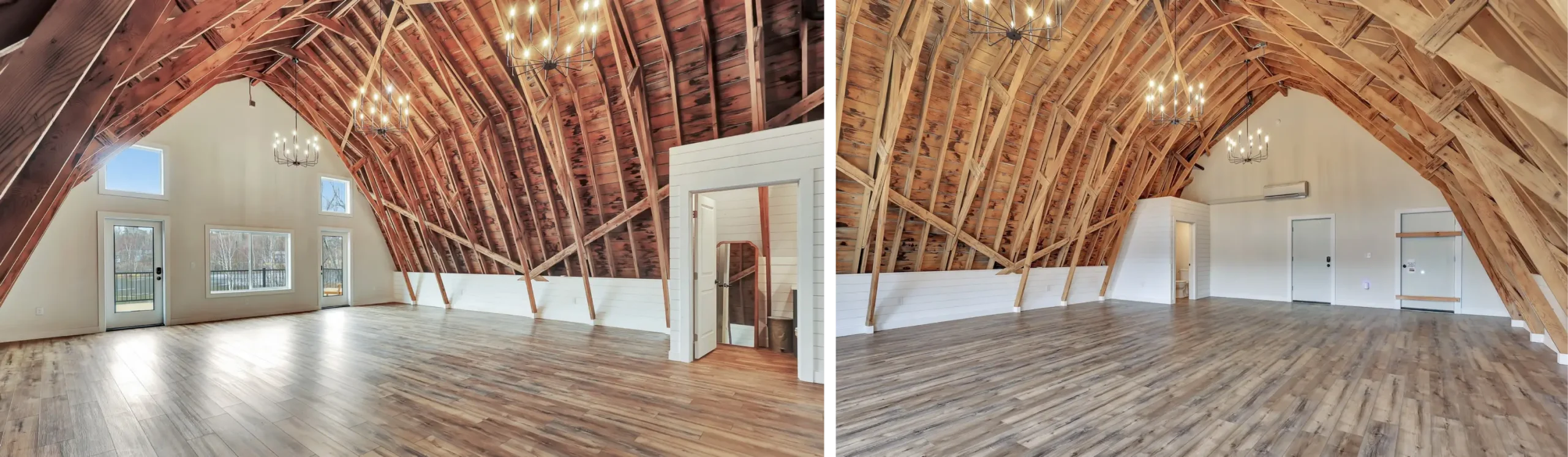 Two wide views of a spacious barn interior with curved wood-beam ceiling, chandeliers, and wood flooring. Borealis Bison Barns | Palmer, AK