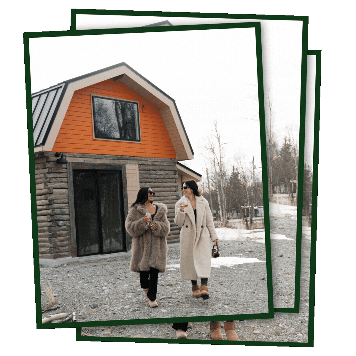 Two people in coats walk with drinks in front of a small barn-style building, shown in a layered photo collage effect. Borealis Bison Barns | Palmer, AK