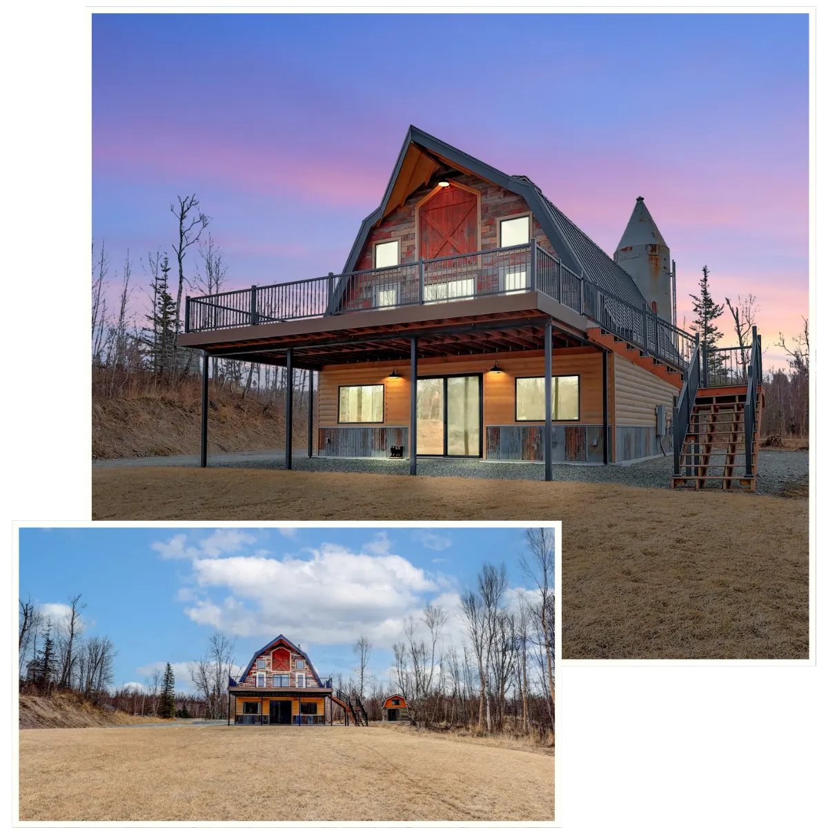 Two views of a barn-style building with elevated deck, exterior stairs, and silo, shown at dusk and in daylight on an open field. Borealis Bison Barns | Palmer, AK