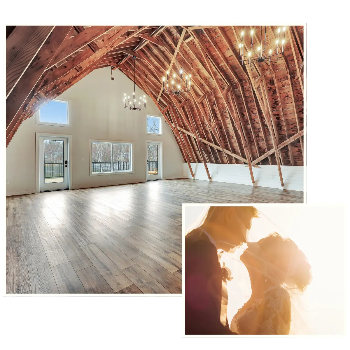 Collage of a barn interior with curved wood-beam ceiling and chandeliers, plus inset of a couple embracing in warm sunset light. Borealis Bison Barns | Palmer, AK