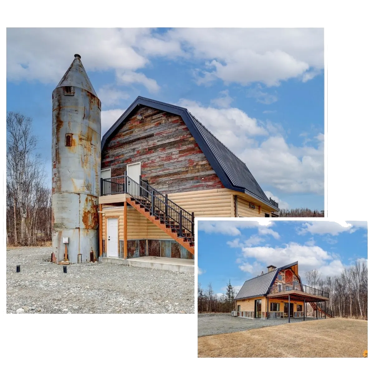 Two views of a rustic barn with silo, stairs, and metal roof under a cloudy sky. Borealis Bison Barns | Palmer, AK