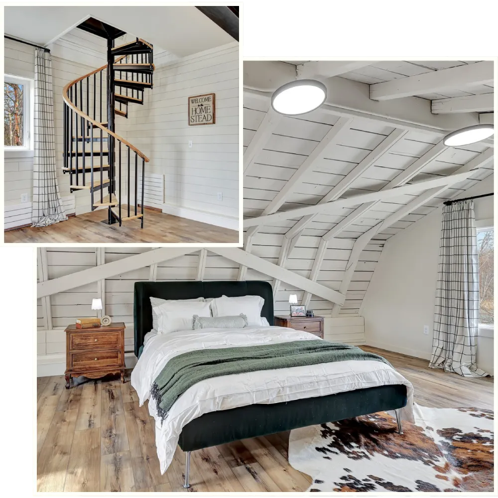 Spacious loft bedroom in The Nelson cabin Palmer Alaska with wood beams, queen bed, and open railing