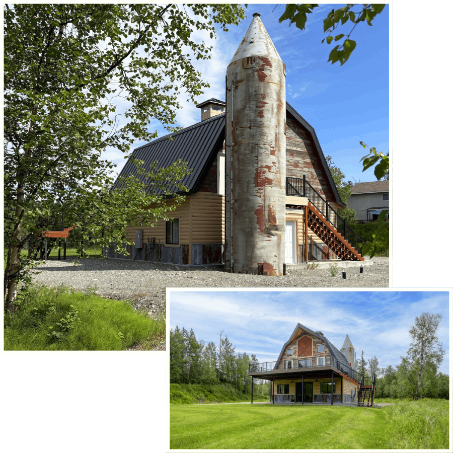 Exterior views of Borealis Bison Barns in Alaska showcasing the restored barn venue, historic silo, wraparound deck, and surrounding green landscape during summer