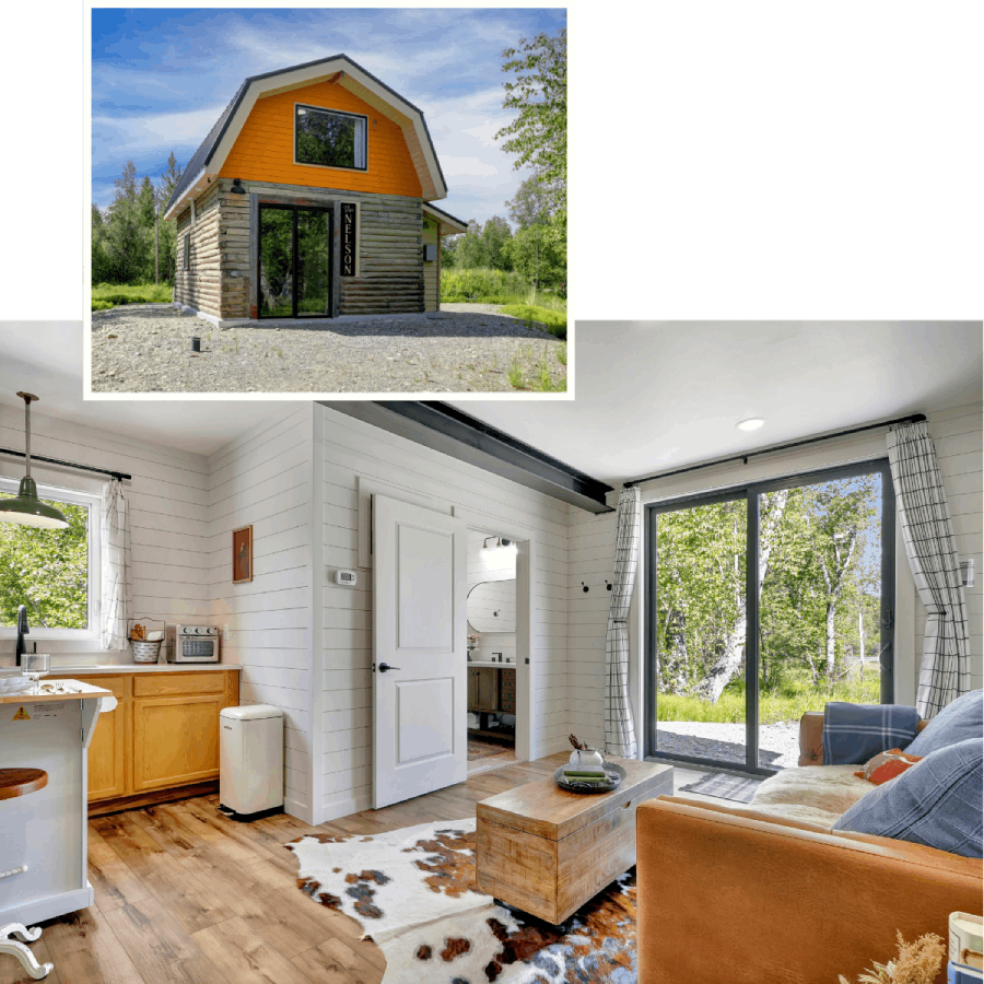 The Nelson cabin at Borealis Bison Barns featuring a modern open-concept living area, full kitchen, cozy seating, and large windows overlooking the Alaska forest.