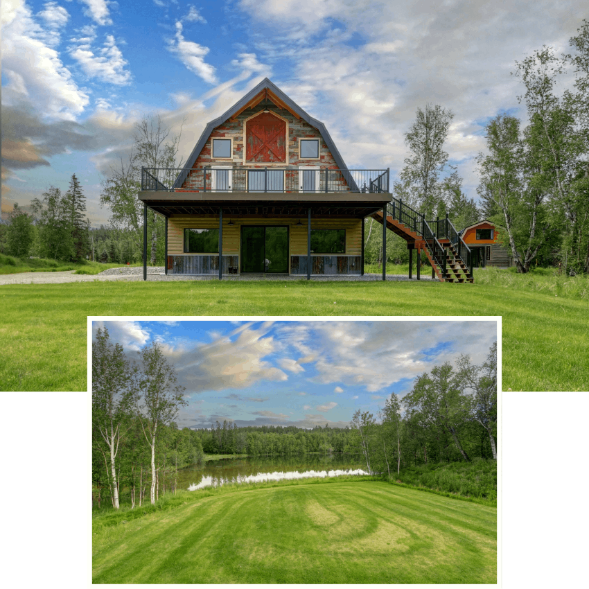 Views of Borealis Bison Barns featuring the restored historic barn, private pond, expansive lawn, and scenic Alaska landscape.