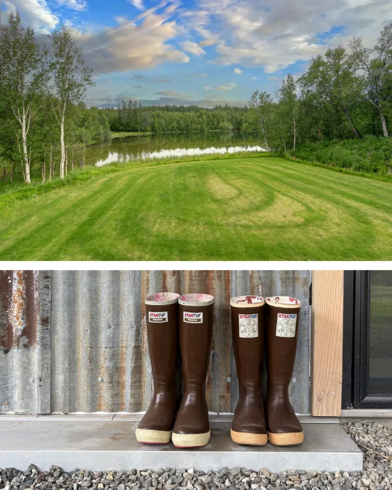 Scenic pond and lawn at Borealis Bison Barns paired with two pairs of Alaska-style rubber boots outside The Nelson.