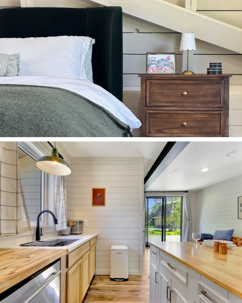 Loft bed and full kitchen inside The Nelson at Borealis Bison Barns with rustic furnishings and modern amenities.