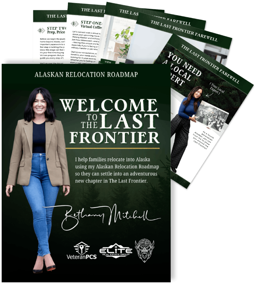The Last Frontier Farewell Alaska relocation guide by Bethany Mitchell with cover and interior page previews.